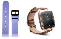 Beantech S1 Smart Watch for Apple/Android Phones. Gold with Brown Croc-Embossed Leather Strap with Bonus Purple Silicone Strap