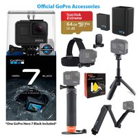 GoPro Hero7 Black Action Camera with GoPro Accessory Bundle - Handler, 3-Way, Shorty, Head Strap, and Dual Battery Charger w/ Battery  