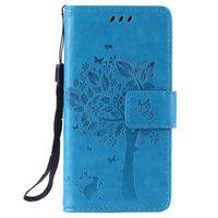 LG Leon 4G LTE H340N/C40 Case, C-Super Mall Embossed Tree Cat Butterfly Pattern PU Leather Wallet Stand Flip Case for LG Leon 4G LTE H340N/C40(blue)