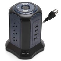 Power Strip Tower Surge Protector - JACKYLED 4.5A 4 USB 9 Outlet Electrical Charging Station Tower 10ft Heavy Duty Long Extension Cord Universal Socket for Laptop Phone Desktop - Black Blue