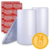 Bubble Cushioning Wrap Roll 2 Pack 3/16" Air Bubble 12 Inch x 74 Feet Total, Perforated Every 12 Inch with 30pcs Fragile Stickers Packing Supplies for Heavy-Duty Moving Shipping