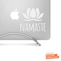 NAMASTE + Lotus Typography - 5" Wide WHITE Decal - For MacBook, Laptop, Tablet, and more!
