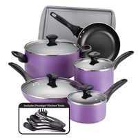 Farberware 21895 Dishwasher Safe Nonstick Cookware Pots and Pans Set, 15 Piece, Purple
