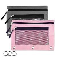 Binder Pencil Pouches,2 Pack 3 Ring Pencil Pouch with Zipper Puller-Pencil Case with Double Pocket and Mesh Window (Pink and Grey)
