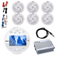 Lanzar AQR84W Round Aquatic Waterproof Marine Stereo in Dash Bluetooth Receiver - White, 4X Pyle PLMRS6B 6.5" 2 Way 240 Watts White Speakers, 4-Channel Amplifier, 8 Gauge Amp Install Kit, 40" Antenna