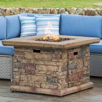 COSIEST Outdoor Propane Fire Pit Table w Faux Brown Ledgestone 35-inch Square Fire Table, 50,000 BTU Stainless Steel Burner, Free Lava Rocks, Fits 20 Gal Tank Inside