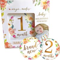 Baby Monthly Milestone Stickers. 16 Floral Belly Stickers for Girls 0-12 Months. Premium Gold Metallic Design. Perfect for Baby Shower Gifts, Registry, First Year Newborn Photography. Angie Makes