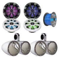 4x Kicker 6.5 Inch KM-Series LED Marine Boat Coaxial Speakers, 4x Kicker Marine Tower Enclosure White, Enrock Audio Marine Grade Spool of 50 Foot 16-Gauge Speaker Wire