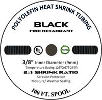 225FWY 100 FT 3/8" 9mm Polyolefin Black Heat Shrink Tubing 2:1 Ratio