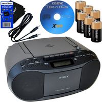Sony Portable CD Player Boombox with AM/FM Radio & Cassette Tape Player + 6 Batteries + CD Maintenance Kit + Auxiliary Cable for Smartphones, MP3 Players & HeroFiber Ultra Gentle Cleaning Cloth