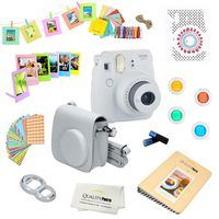 Fujifilm Instax Mini 9 Camera + 14 PC Instax Accessories kit Bundle, Includes; Instax Case + Album + Frames & Stickers + Lens Filters + MORE (Smokey White)