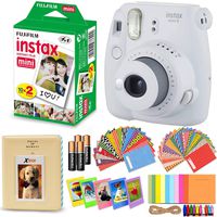 Fujifilm Instax Mini 9 Instant Camera (Smokey White) + Fuji Instax Mini Instant Film Twin Pack (20 Exposures), Cream Photo Album, 4AA Batteries, 120 Assorted Mini Stickers/Hanging Frames + More