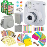 Fujifilm Instax Mini 9 Smokey White Instant Camera Kit - 40 Film Sheets, Carrying Case, Photo Album, Assorted Frames, Stickers and Accessories - Built-in Flash and Batteries Included