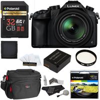 Panasonic Lumix DMC-FZ1000 4K QFHD/HD 16X Long Zoom Digital Camera (Black) + Polaroid 32GB+ Battery + Polaroid 62mm UV Filter + Camera Bag + Cleaning Kit + Screen Protector + Wallet