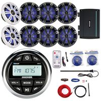 Kicker KMC2 Marine Gauge Style AM/FM Stereo Receiver Bundle Combo With 8x 6.5" Multi Color LED Speakers W/ Light Remote + Compact 400-Watt Amplifier W/ Wiring Kit + Enrock Antenna + 100 Feet 14g Wire