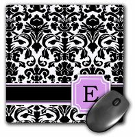 3dRose LLC 8 x 8 x 0.25 Inches Mouse Pad, Personal Initial E Monogrammed Pink Black and White Damask Pattern, Girly Stylish Personalized Letter (mp_154380_1)
