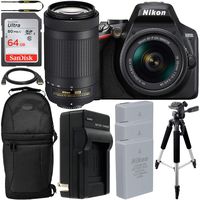 Nikon D3500 DSLR Camera with 18-55mm & 70-300mm Lenses & Essential Accessory Bundle - Includes: SanDisk Ultra 64GB SDXC Memory Card, 2X Extended Battery & More (Seller Supplied Warranty)
