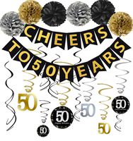 Famoby 50th Birthday Party Decorations Kit - Gold Glittery Cheers to 50 Years Banner,Poms,12Pcs Sparkling 50 Hanging Swirl for 50th Birthday Decorations 50 Years Old Party Supplies