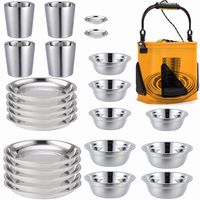 Stainless Steel Plates,Bowls,Cups and Spice Dish. Camping Set (24-Piece Set) 3.5inch to 8.6inch. Camping, Hiking, Beach,Outdoor Use Incl. Collapsible Water Bucket