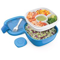 Bentgo Salad BPA-Free Lunch Container with Large 54-oz Salad Bowl, 3-Compartment Bento-Style Tray for Salad Toppings and Snacks, 3-oz Sauce Container for Dressings, and Built-In Reusable Fork (Blue)
