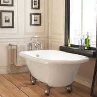 Luxury 54 inch Small Modern Clawfoot Tub in White with Stand-Alone Freestanding Tub Design, Includes Modern Brushed Nickel Cannonball Feet and Drain, from The Highview Collection