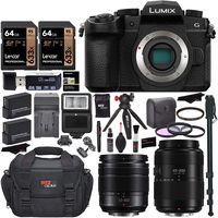 Panasonic DMC-G95MK Two Lens Kit (12-60mm and 45-200mm), 2 Lexar 64GB, Tripod, 2 Spare Batteries w/Charger, Filter Kit, Monopod Bundle