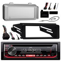 JVC KDR490 Radio USB AUX CD Player Receiver W/Cover - Bundle with Install Dash Kit + Handle Bar Control + Enrock Antenna for 98 2013 Harley Touring Flht Flhx Flhtc Motorcycle Bike