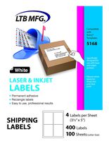 LTB MFG Laser Inkjet Printer Shipping Labels, White, (4 Per Sheet 3.5" x 5")