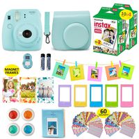 Fujifilm Instax Mini 9 Camera Bundle (Ice Blue) + Instant Camera Film 40 Sheets + Instax Case + Instax Camera Accessories Bundle, 2 Albums, 4 Color Lenses, Selfie Lens, 5 Desk Frames + 60 Stickers