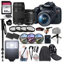 Canon EOS Rebel T7 DSLR Camera with 18-55mm is II Lens & 75-300mm III Lens +32GB Transcend Memory, HD Filters, Macro Close Ups, Mono pod, Grip Multi Angle Tripod, Shoulder Strap & More