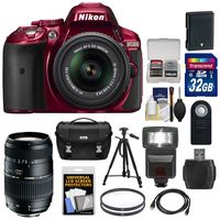 Nikon D5300 Digital SLR Camera & 18-55mm G VR Lens (Red) with 70-300mm Lens + 32GB Card + Battery + Case + Filters + Flash + Tripod + Accessory Kit