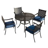LOKATSE HOME 5 Piece Outdoor Patio Metal Dining Set with 4 Iron Arm Chairs with Seat Cushions and 1 Table with Umbrella Hole, Blue