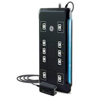 GE Surge Protector, 10 Outlet Power Strip, 2 USB Ports, Long 4ft Power Cord, Flat Plug, Power Filter, Circuit Breaker, 2880 Joules, Warranty, Black, 32646