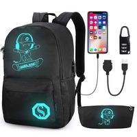 School Backpack, Pawsky Anime Luminous Backpack with USB Charging Port, Anti Theft Lock and Pencil Case for Teen Boys and Girls, College School Bookbag Lightweight Laptop Bag, Black