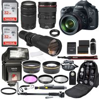 Canon EOS 5D Mark III 22.3 MP CMOS 1080p Full HD Camera with EF 24-105mm f/4 L IS USM Lens + EF 75-300mm f/4-5.6 III + 500mm Telephoto Zoom + 2pc SanDisk 32GB Memory Cards + Accessories (20 Items)