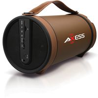 AXESS SPBT1033 Portable Bluetooth Indoor/Outdoor 2.1 Hi-Fi Cylinder Loud Speaker with Built-In 4" Sub and FM Radio, SD Card, USB, AUX Inputs in Brown