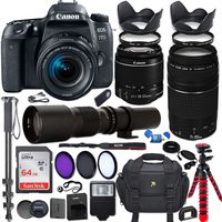 Canon EOS Rebel 77D DSLR Camera with 18-55mm is STM Lens Bundle + Canon EF 75-300mm f/4-5.6 III Lens and 500mm Preset Lens + 64GB Memory + Filters + Monopod + Spider Tripod + Professional Bundle
