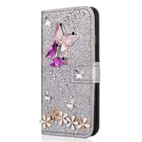 Miagon Diamond Case for Samsung Galaxy S7 Edge,Luxury Glitter Rhinestone Butterfly Flower PU Leather Folio Flip Wallet Cover Magnetic Closure Card Slots,Silver
