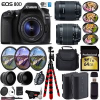 Canon EOS 80D DSLR Camera + 18-55mm is STM Lens & 55-250mm is STM Lens + UV FLD CPL Filter Kit + 4 PC Macro Kit + Wide Angle & Telephoto Lens + Case + Tripod + Card Reader- International Version