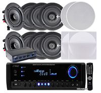 Pyle KTHSP390S 4 Pairs of 150W 5.25" In-Wall / In-Ceiling Stereo White Speakers w/ 300W Digital Home Stereo Receiver w/ USB/SD/AUX Input, Remote w/ 4 Channel High Power Stereo Speaker Selector