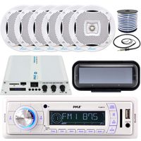 Sound Around Pyle in-Dash Marine Boat AM/FM USB AUX Radio Headunit Receiver, 6 x Lanzar 5.25'' 2-Way White Audio Speakers, 6-Channel Bluetooth Amplifier, Radio Shield, Speaker Wire, Antenna