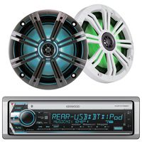 Kenwood Marine Boat Yacht Outdoor CD MP3 USB Aux Bluetooth AM/FM Radio Receiver Bundle Combo With Kicker KM654LCW 6.5 Led Marine Speakers