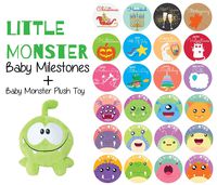 Baby Monthly Milestone Stickers and Plush Stuffed Toy Monthly Milestones from Newborn to 1 Year, First Holidays Baby Stickers (Little Monster Plus)