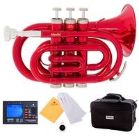 Mendini MPT-RL Red Lacquer Brass Bb Pocket Trumpet with One-Year Warranty, Tuner, Mouthpiece and Deluxe Case
