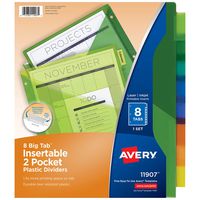 Avery 8-Tab Plastic Binder Dividers with Pockets, Insertable Multicolor Big Tabs, 1 Set (11907)
