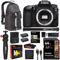 Canon EOS 90D DSLR Camera Body, Lexar 64GB U3 Video Memory Card, Tabletop Tripod, Vivitar Sling Bag, Monopod Plus Cleaning Kit Bundle