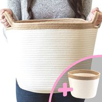 Little Hippo 2pc Large Cotton Rope Basket (15"x13") 100% Natural Cotton! Rope Basket, Woven Storage Basket, Large Basket, Blanket Basket Living Room, Toy Basket, Pillow Basket, Round Basket