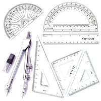 7 Piece Geometry School Set,with Quality Compass, Linear Ruler, Set Squares, Protractor (Silver)