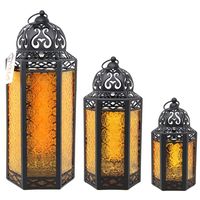 Moroccan Style Candle Lanterns, Amber Glass, Set of 3