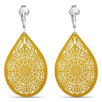 Aloha Earrings Lovely Victorian Filigree Clip On Earrings for Women Clip-ons, Lightweight Teardrop Leaf Dangle (Large Filigree- Yellow)
